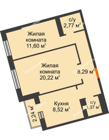 2 комнатная квартира 53,89 м² в ЖК Мечникова, дом № 2