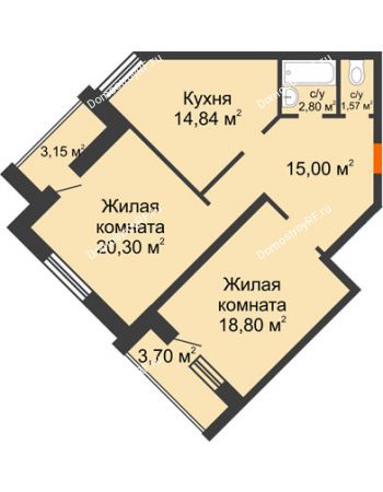 2 комнатная квартира 73,31 м² в ЖК На Гнаровской, дом № 12 корпус 9