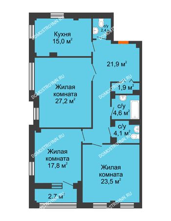 3 комнатная квартира 121,1 м² в ЖК Премиум, дом № 2