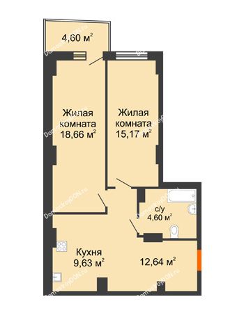 2 комнатная квартира 61,76 м² в ЖК Сердце Ростова 2, дом Литер 8
