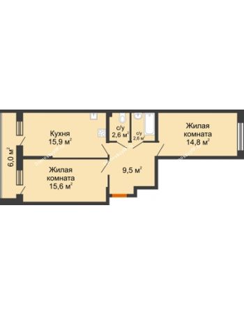 2 комнатная квартира 64,2 м² в ЖК Самолет, дом 4 очередь - Литер 22