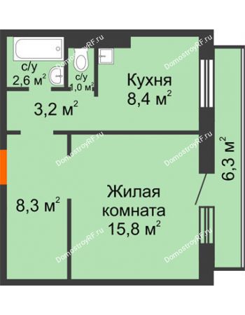 1 комнатная квартира 42,2 м² в ЖК на Калинина, дом № 2.1