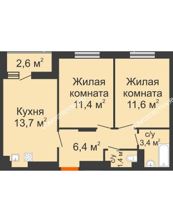 2 комнатная квартира 49,2 м² в ЖК Новая Кузнечиха, дом № 31