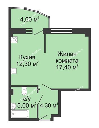 1 комнатная квартира 43,6 м² в ЖК Мега, дом № 2