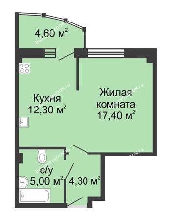 1 комнатная квартира 43,6 м² в ЖК Мега, дом № 118, секция 2