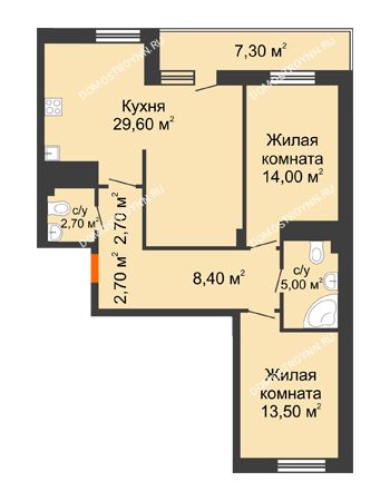 2 комнатная квартира 82,25 м² в ЖК Корица, дом № 1