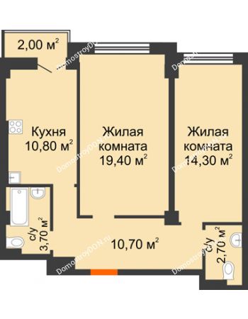 2 комнатная квартира 63,6 м² в ЖК Парк Островского 2, дом № 1