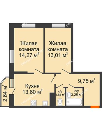 2 комнатная квартира 56,5 м² в ЖК Академический, дом № 15
