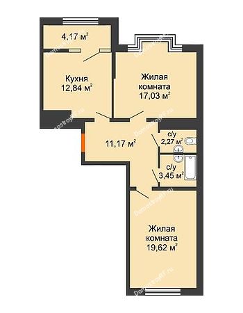 2 комнатная квартира 68,5 м² в ЖК Сердце, дом № 1