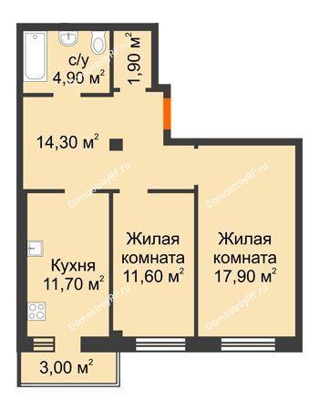2 комнатная квартира 63,2 м² в Микрорайон Европейский, дом №9 блок-секции 1,2