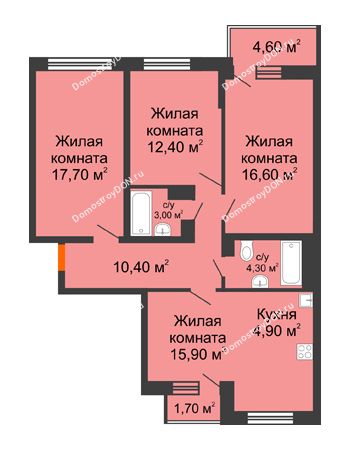 4 комнатная квартира 88,1 м² в ЖК Династия, дом Литер 2