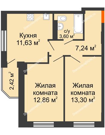 2 комнатная квартира 49,84 м² в ЖК Свобода, дом №2