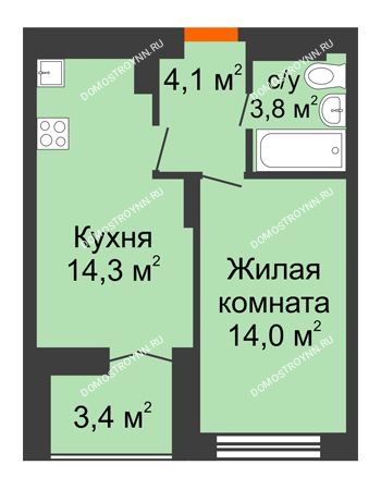 1 комнатная квартира 37,9 м² в ЖК Заречье, дом № 1, секция 2
