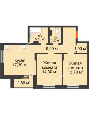 2 комнатная квартира 68,2 м² в ЖК Подкова на Цветочной, дом № 9