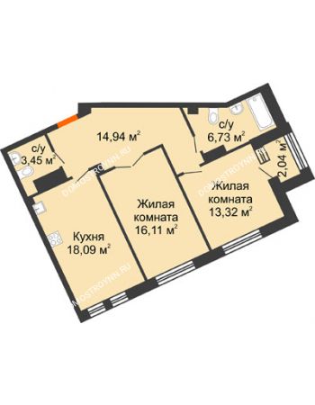 2 комнатная квартира 73,66 м² - ЖД Коллекция