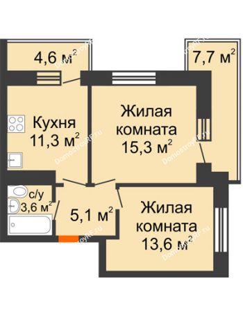 2 комнатная квартира 52,5 м² в ЖК Отражение, дом Литер 2.1