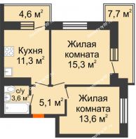 2 комнатная квартира 52,5 м² в ЖК Отражение, дом Литер 2.1 - планировка