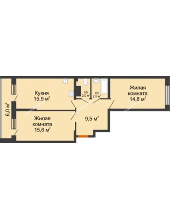 2 комнатная квартира 63,6 м² в ЖК Самолет, дом 4 очередь - Литер 22