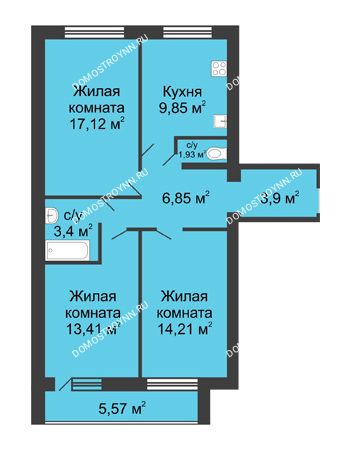 3 комнатная квартира 74,04 м² в ЖК Удачный, дом № 4