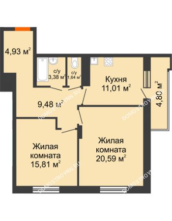 2 комнатная квартира 69,24 м² в ЖК Циолковский, дом № 5