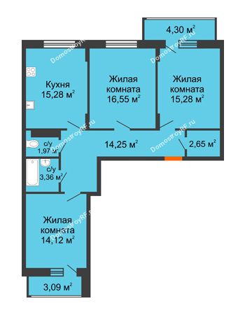 3 комнатная квартира 87,15 м² в ЖК Политехнический, дом 1,2 секция